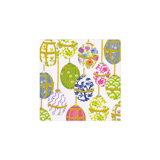 Caspari Les Oeufs paper cocktail napkins with colorful decorative Easter egg pattern in pink, green, and blue.