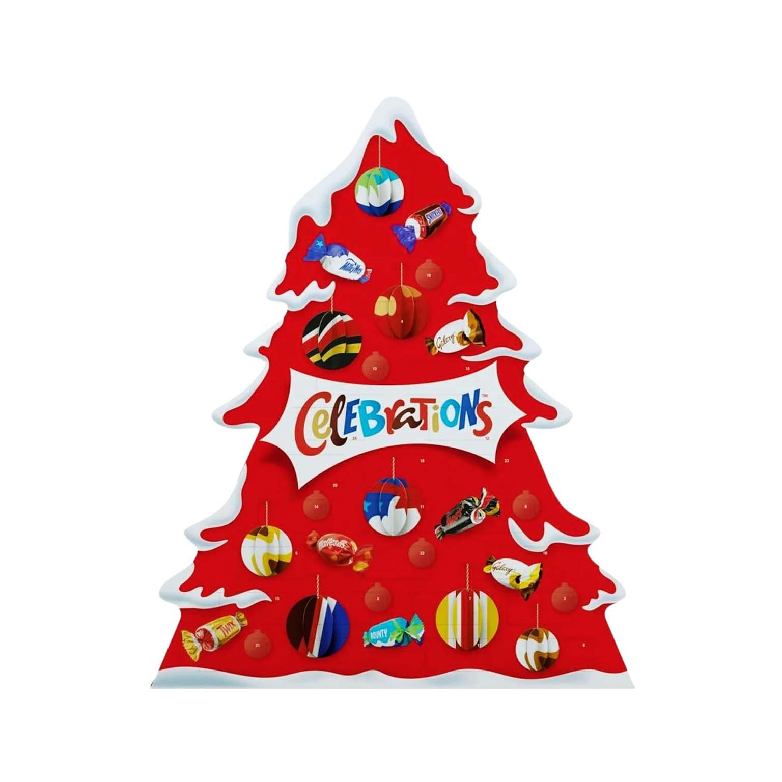Red tree-shaped Advent calendar with colorful ornaments 
