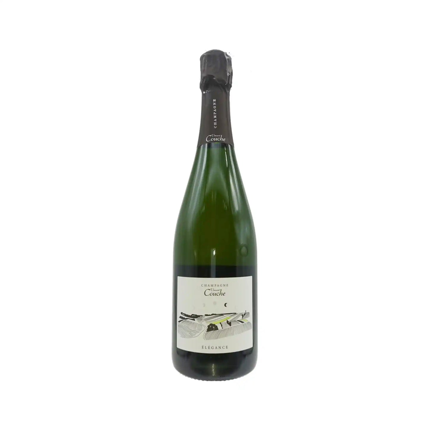Champagne Vincent Couche Élégance Brut Nature 750ml bottle with a cream label and artistic illustration.