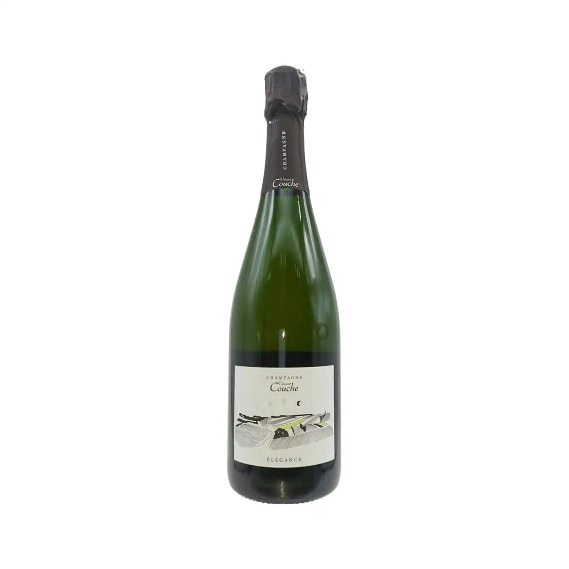 Champagne Vincent Couche Élégance Brut Nature 750ml bottle with a cream label and artistic illustration.