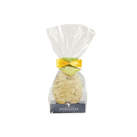 Chevaliers d'Argouges white chocolate Easter egg with pistachio bits in cellophane wrap with yellow bow, 110g.