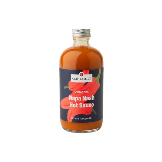 Clif Family Organic Napa Nash Hot Sauce 8oz glass bottle with dark label on a white background.