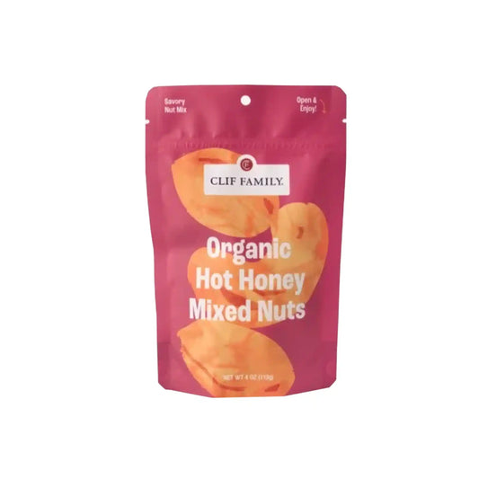 Clif Family Organic hot honey mixed nuts 4oz in a pink resealable pouch.