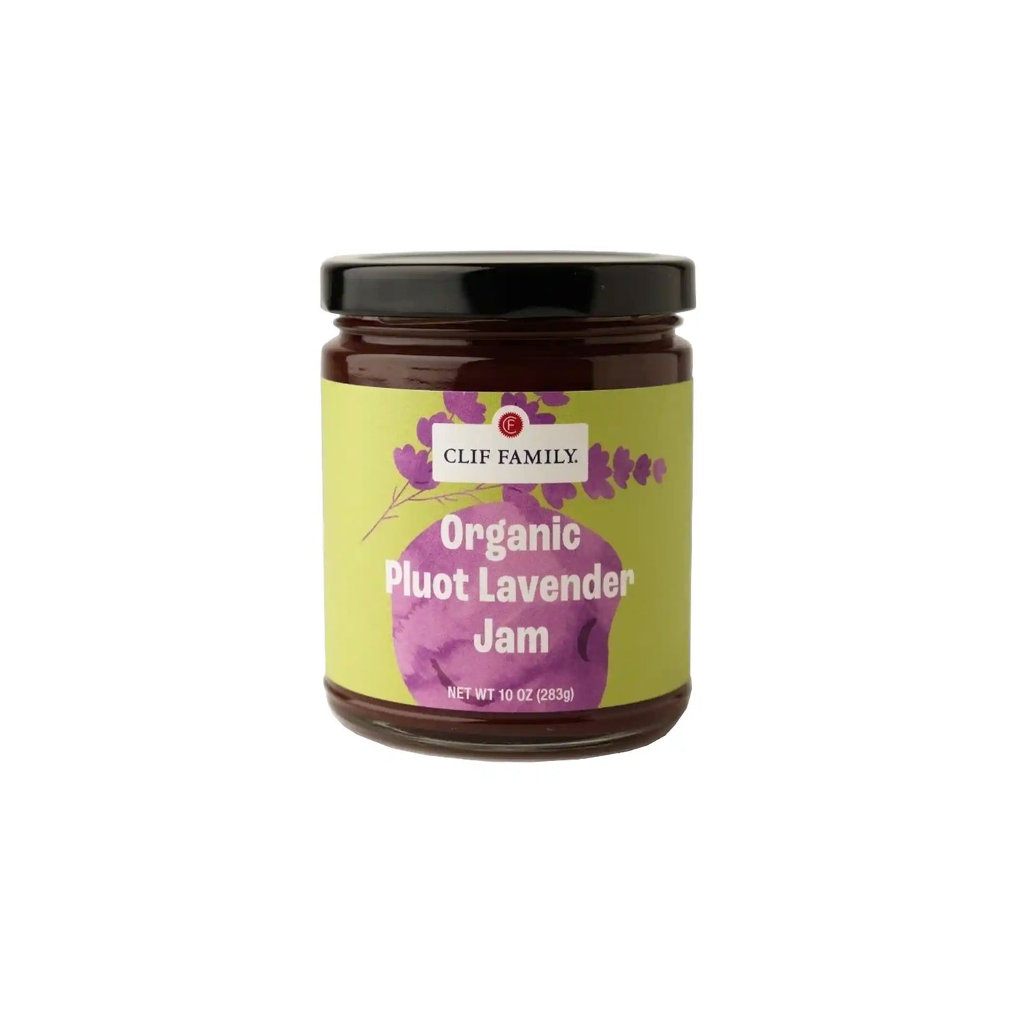 Clif Family Organic Pluot Lavender Jam 10oz jar with yellow-green label on a white background.