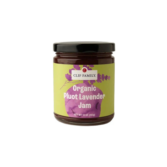 Clif Family Organic Pluot Lavender Jam 10oz jar with yellow-green label on a white background.