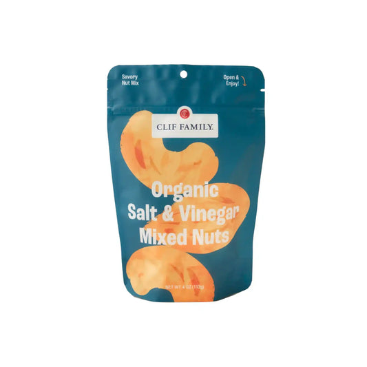 Clif Family Organic salt and vinegar mixed nuts 4oz in a blue resealable pouch.