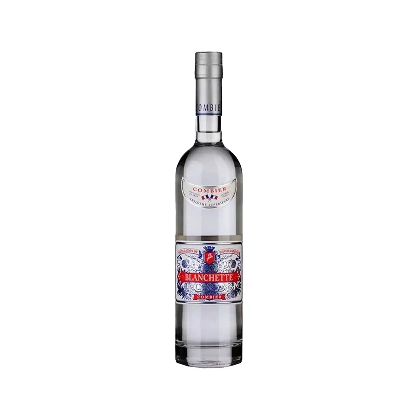 Combier Blanchette absinthe in a clear 750ml bottle with ornate blue and red French label design.