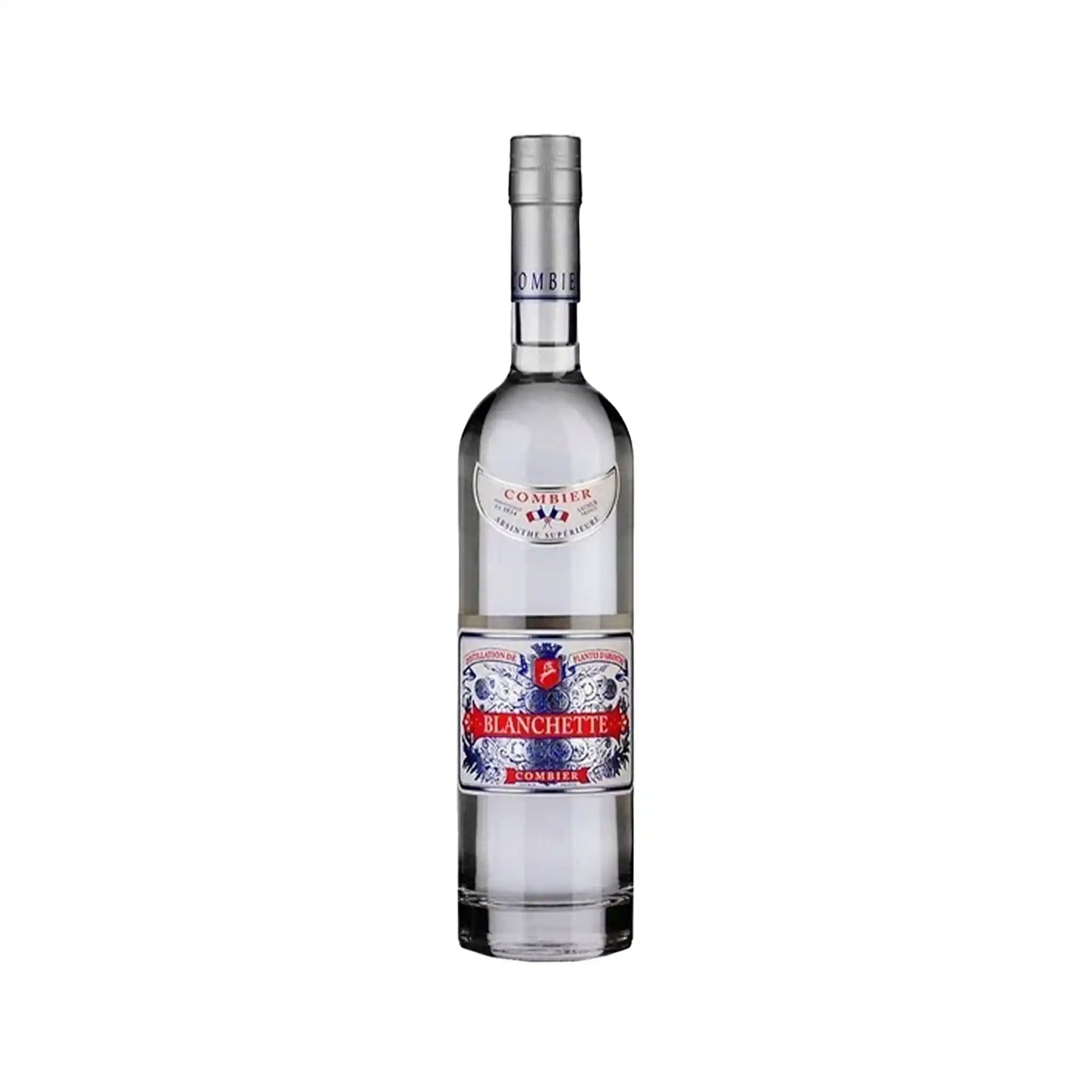 Combier Blanchette absinthe in a clear 750ml bottle with ornate blue and red French label design.