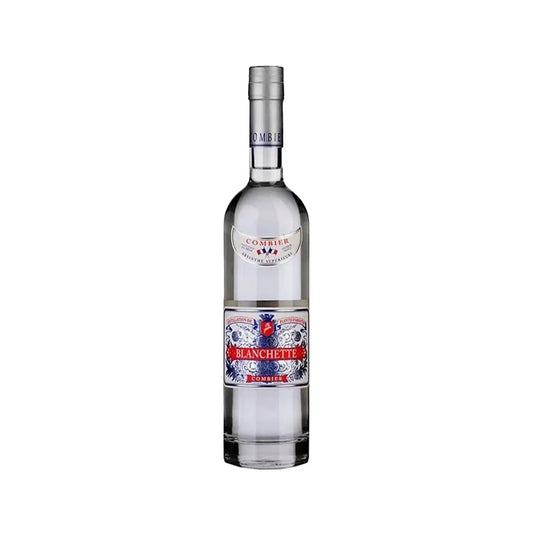 Combier Blanchette absinthe in a clear 750ml bottle with ornate blue and red French label design.