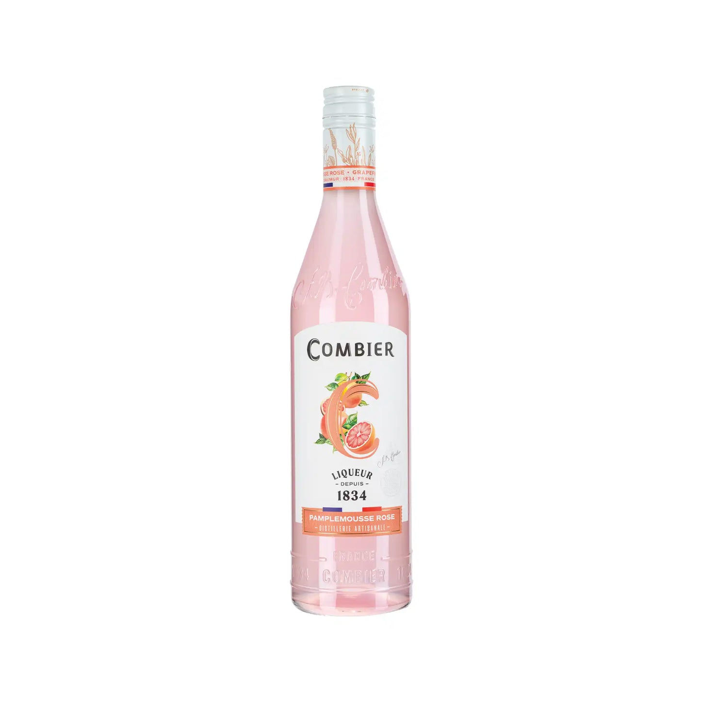 Combier pamplemousse rose grapefruit liqueur in a pink 700ml bottle with citrus illustrations.