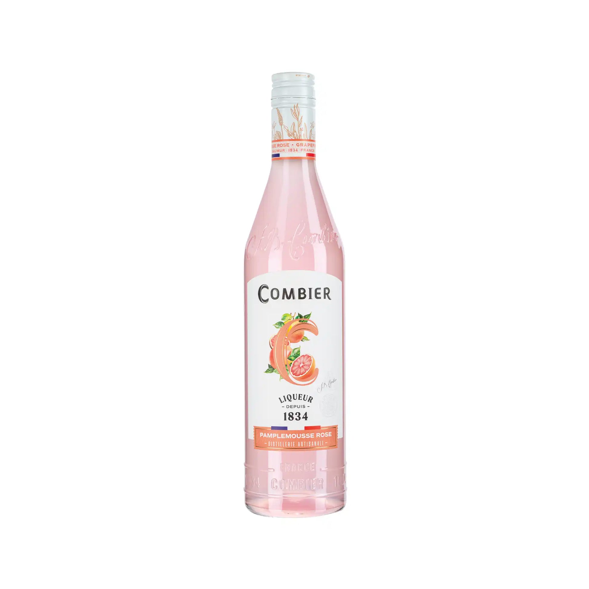 Combier pamplemousse rose grapefruit liqueur in a pink 700ml bottle with citrus illustrations.