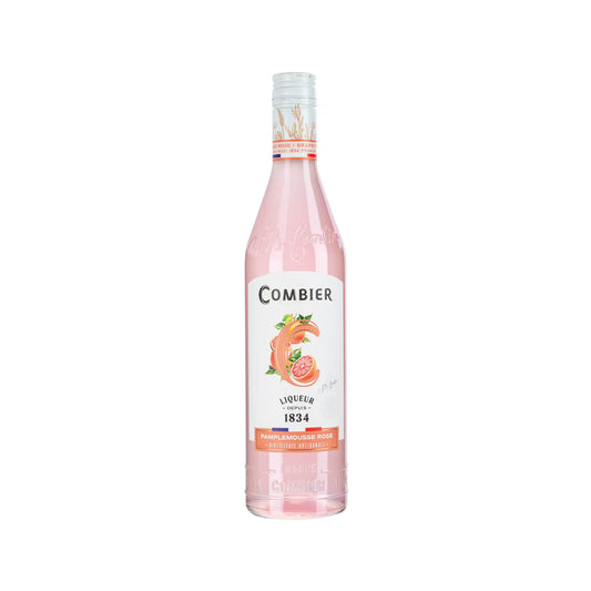 Combier pamplemousse rose grapefruit liqueur in a pink 700ml bottle with citrus illustrations.