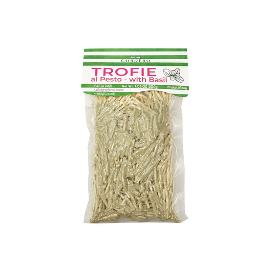 Cordero ready-to-cook trofie al pesto pasta with basil, 7.05oz (200g) Italian pasta package.