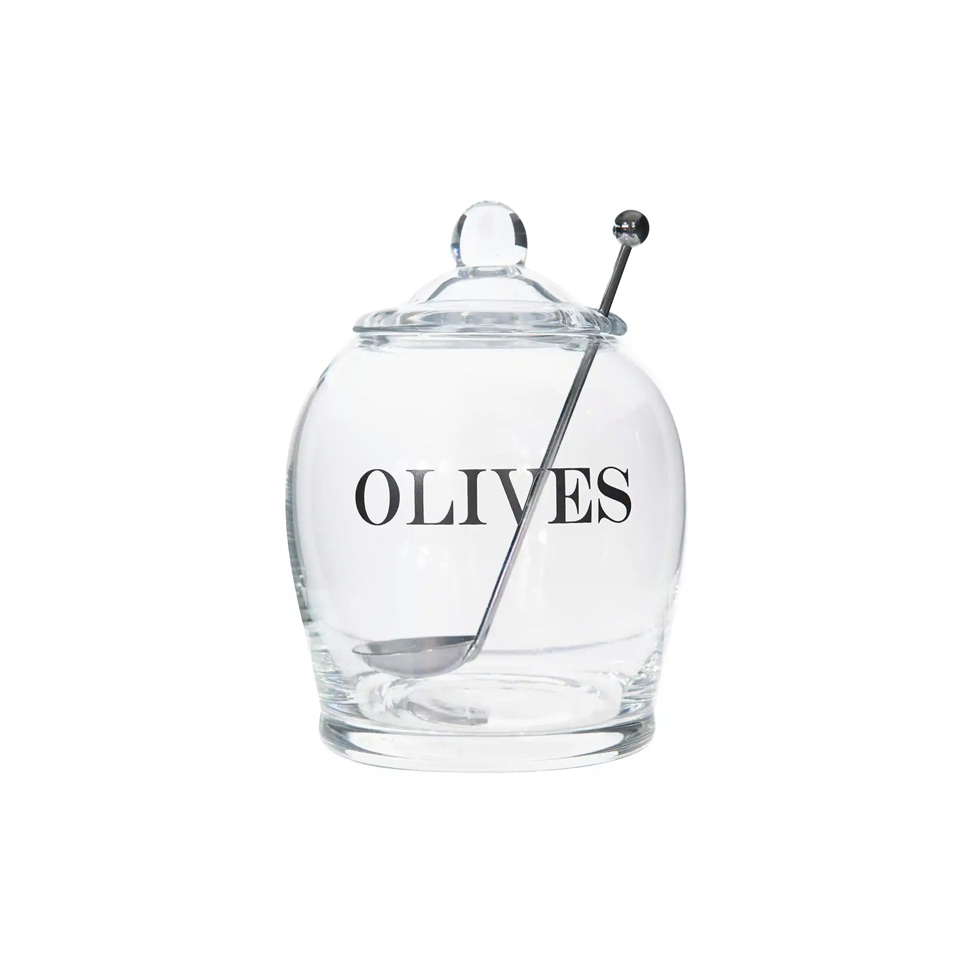 Creative Co-Op clear glass olive jar with lid and stainless steel serving spoon.