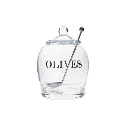 Creative Co-Op clear glass olive jar with lid and stainless steel serving spoon.