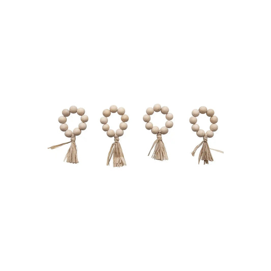 CREATIVE CO-OP WOOD BEAD NAPKIN RINGS WITH TASSEL 4pc