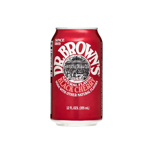 Dr. Brown's Black Cherry soda 12oz red can on a white background.