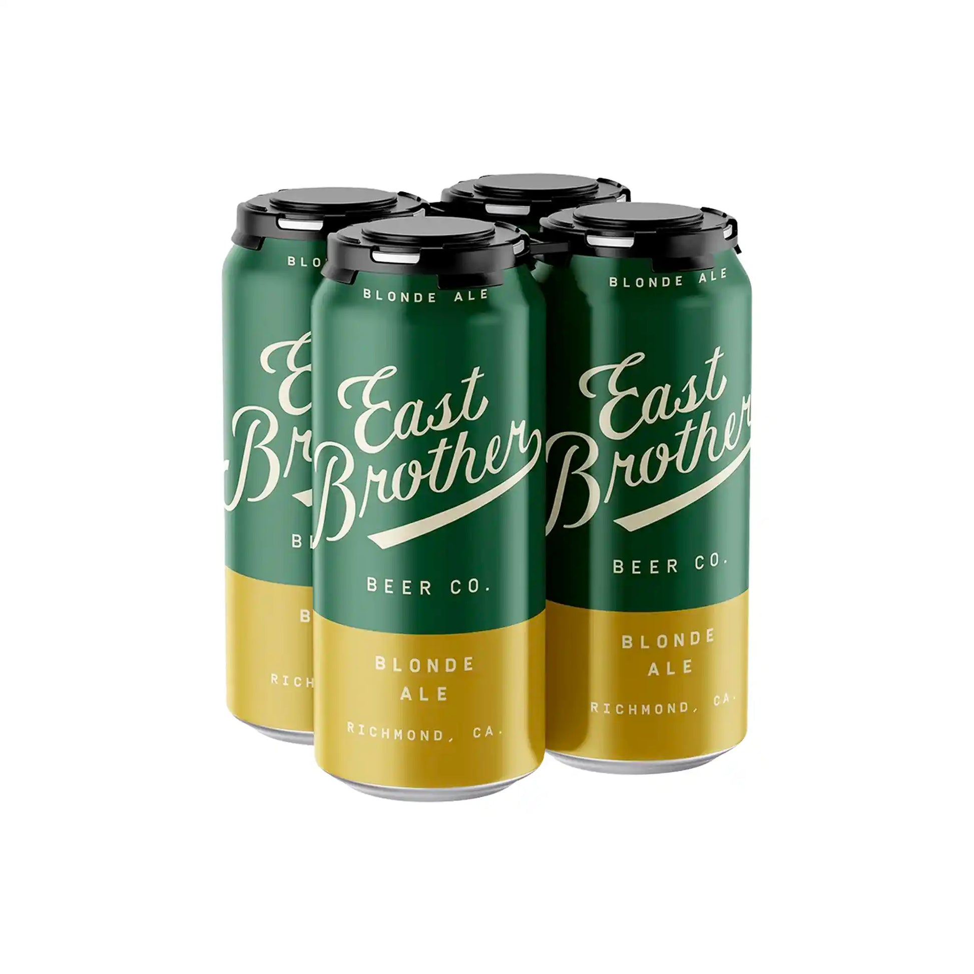 East Brother Beer Co. Blonde Ale 4-pack of 16oz cans in green and gold with white script lettering.