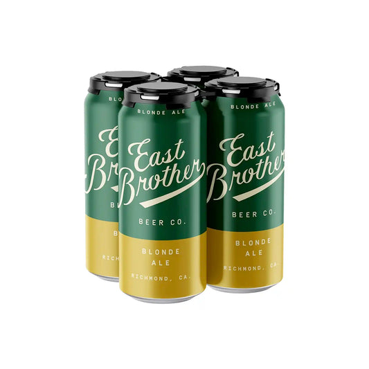 East Brother Beer Co. Blonde Ale 4-pack of 16oz cans in green and gold with white script lettering.
