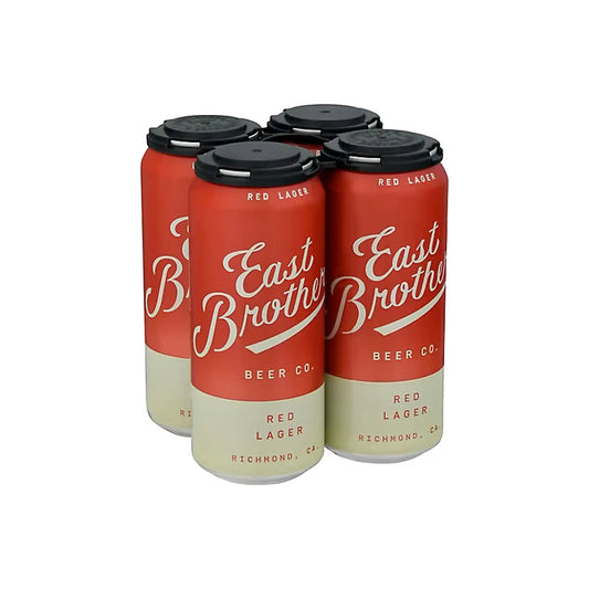 East Brother Beer Co. Red Lager 4-pack of 16oz cans in red and cream with white script lettering.