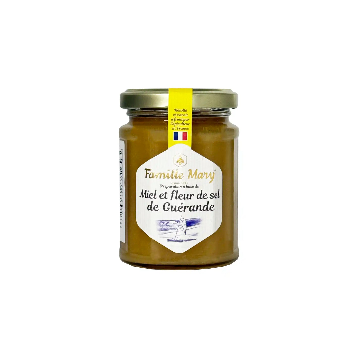 Famille Mary French honey with fleur de sel de Guerande in a glass jar with gold lid, 230g.