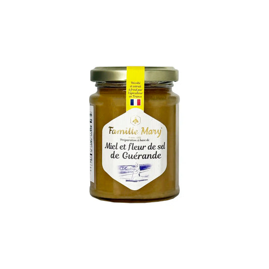 Famille Mary French honey with fleur de sel de Guerande in a glass jar with gold lid, 230g.