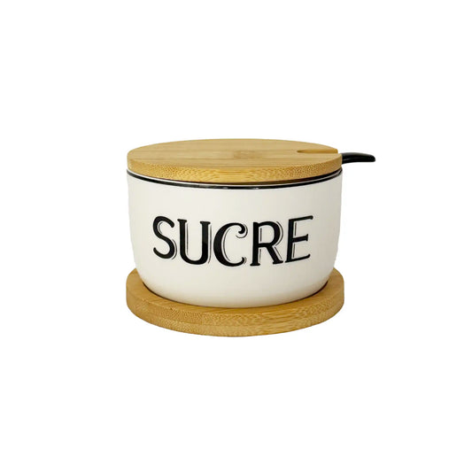 FAYE "SUCRE" SALT/SUGAR JAR WITH SPOON & BAMBOO SUPPORT