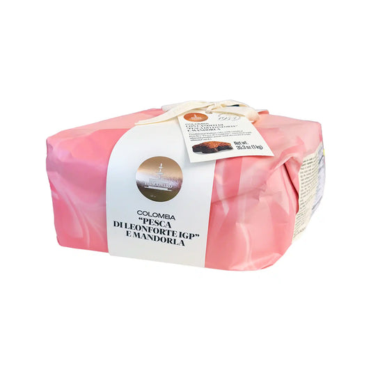 Fiasconaro colomba cake with peach and almond wrapped in pink paper, 1kg Italian Easter pastry.