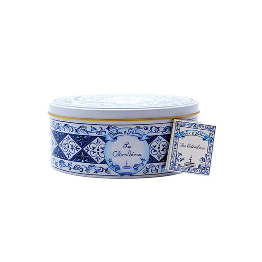 Fiasconaro x Dolce & Gabbana La Colombina mandarin and pistachio cake in a blue and white Sicilian ceramic-style tin.