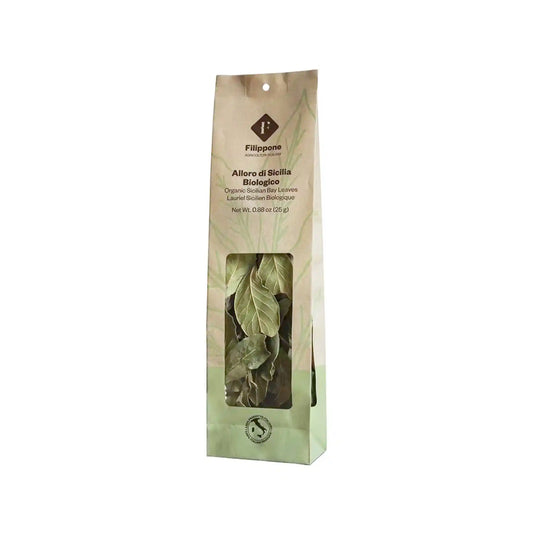 Filippone organic Sicilian bay leaves in kraft packaging with window, 25g.