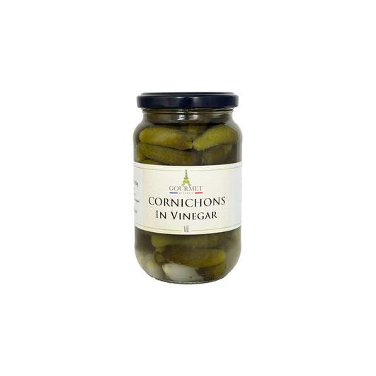 Gourmet de France cornichons in vinegar, 190g glass jar with French gherkin pickles.