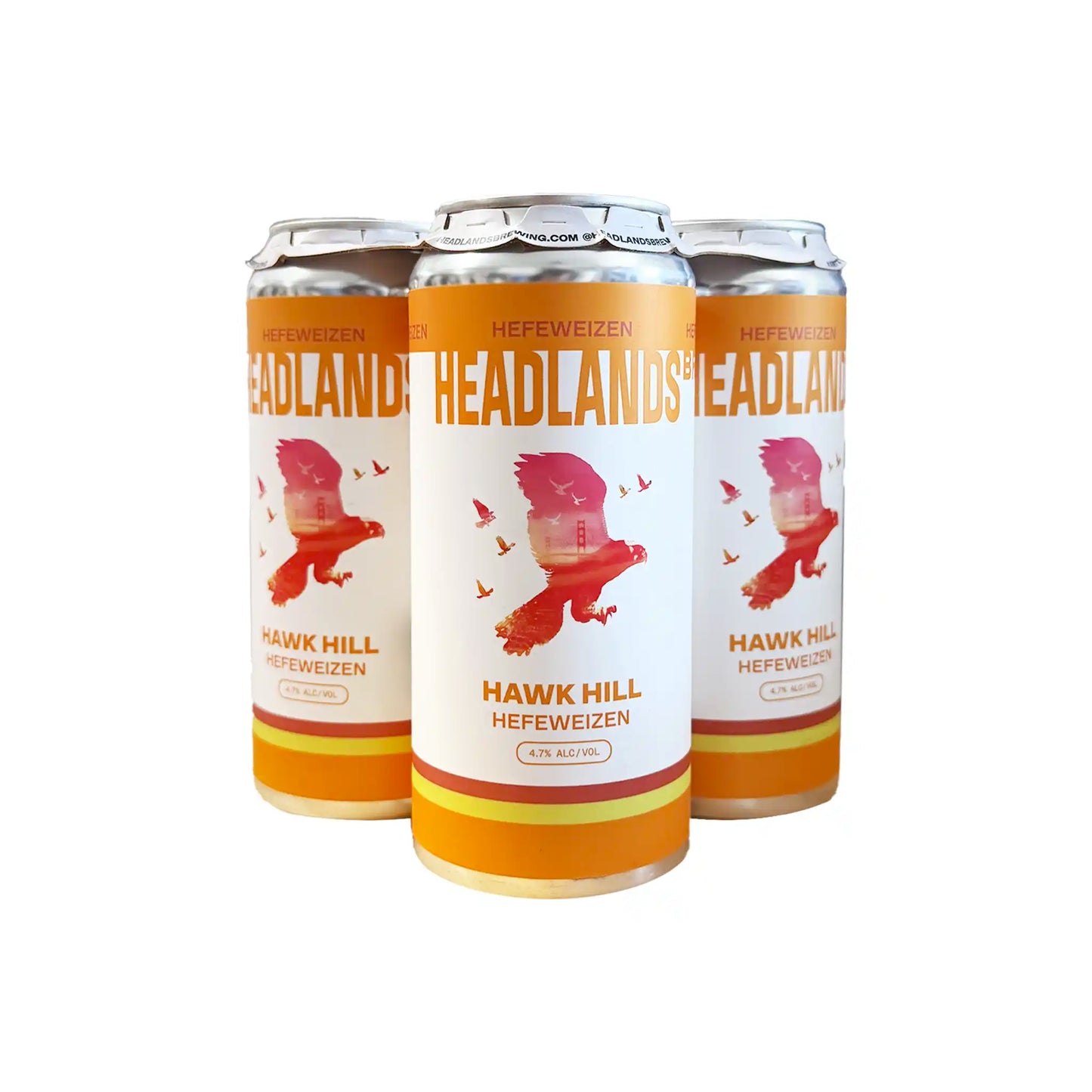 Headlands Hawk Hill Hefeweizen 4-pack of 16oz cans with orange and white labels featuring a red hawk illustration.