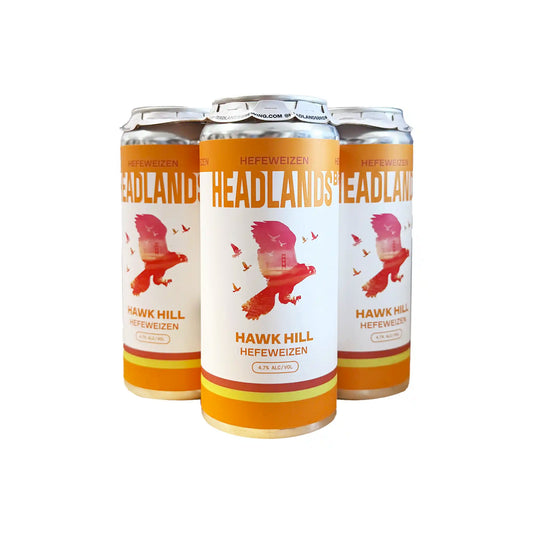 Headlands Hawk Hill Hefeweizen 4-pack of 16oz cans with orange and white labels featuring a red hawk illustration.