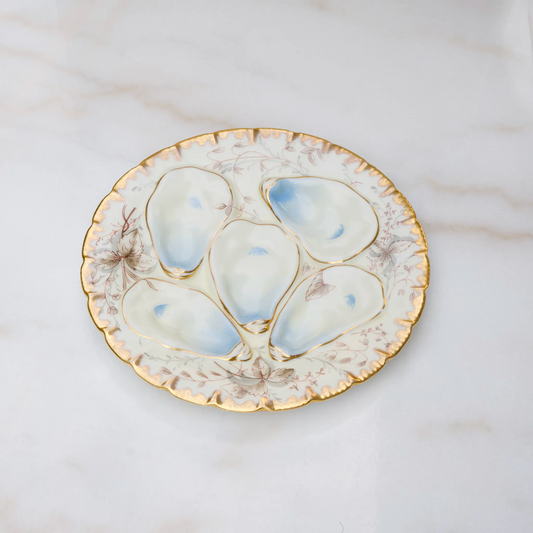 Vintage Haviland Limoges oyster plate with blue floral design and gold trim