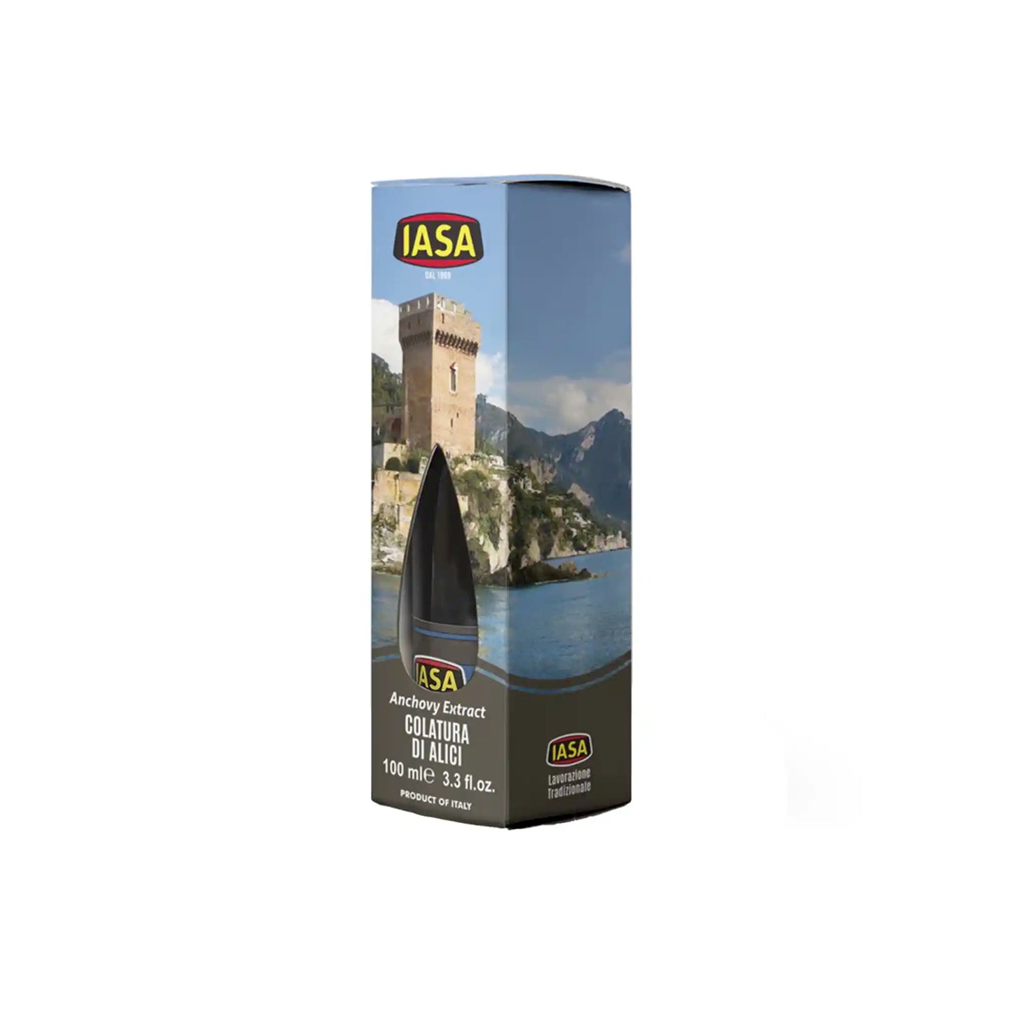 IASA Colatura di Alici anchovy extract 100ml bottle in decorative box with Italian coastal scene.