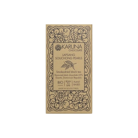 KARUNA DOMINICAN REPUBLIC 69% DARK CHOCOLATE WITH LAPSANG SOUCHONG PEARLS 60g