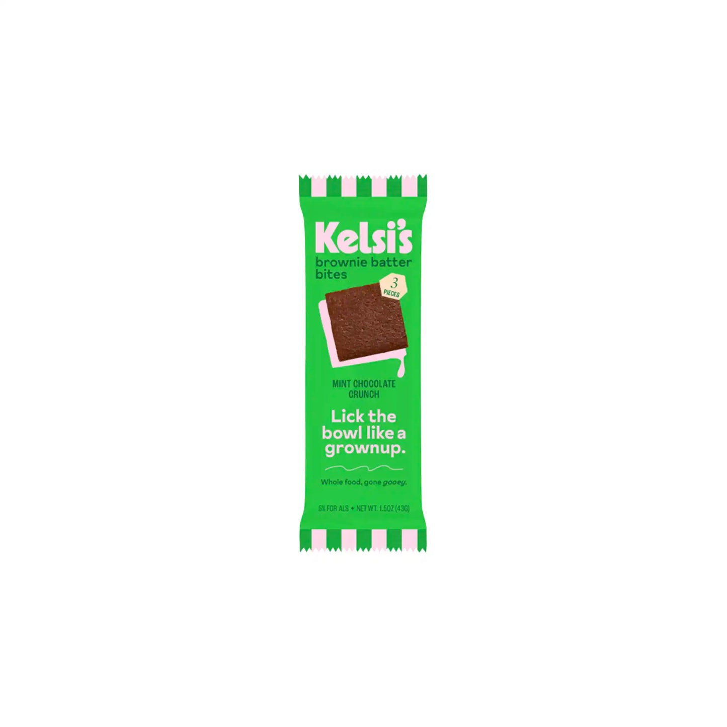 Kelsi's mint chocolate crunch brownie batter bites snack package, 43g.