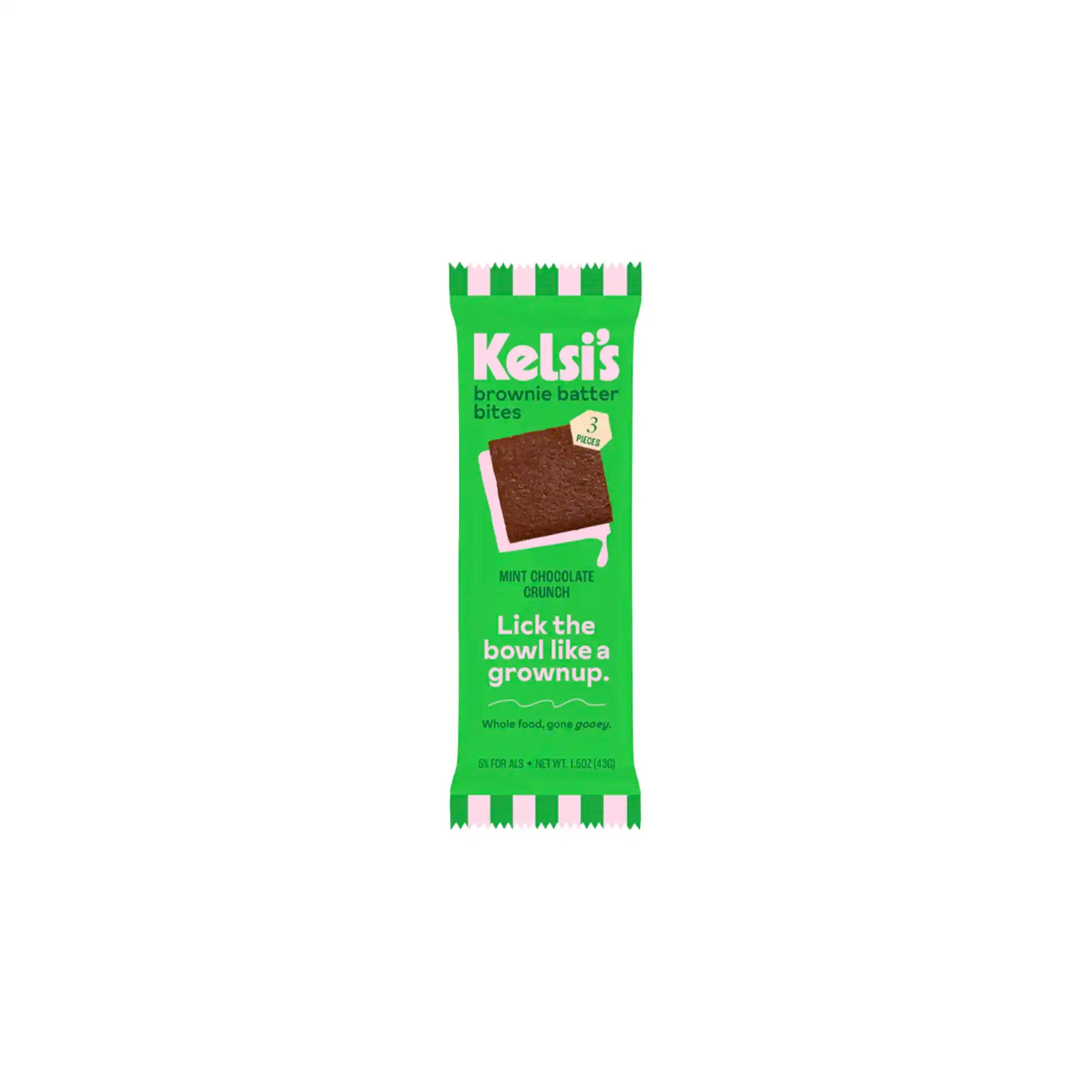 Kelsi's mint chocolate crunch brownie batter bites snack package, 43g.