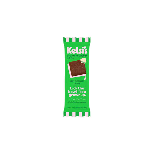 Kelsi's mint chocolate crunch brownie batter bites snack package, 43g.