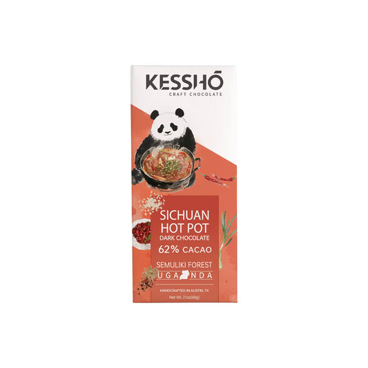 Kesshō Craft Chocolate Sichuan Hot Pot 62% dark chocolate bar with a panda and hot pot illustration on the wrapper.