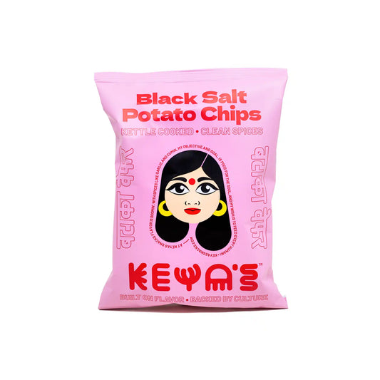 Keya's black salt potato chips, kettle cooked with clean spices, pink illustrated bag, 1.5oz.
