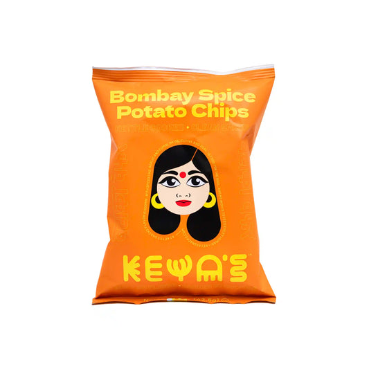 Keya's Bombay spice potato chips, kettle cooked with clean spices, orange illustrated bag, 1.5oz.
