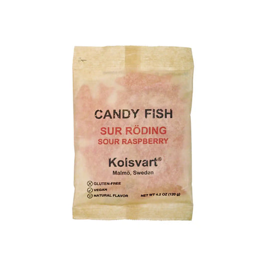 Kolsvart Sur Röding sour raspberry Swedish candy fish 120g bag, gluten-free and vegan.