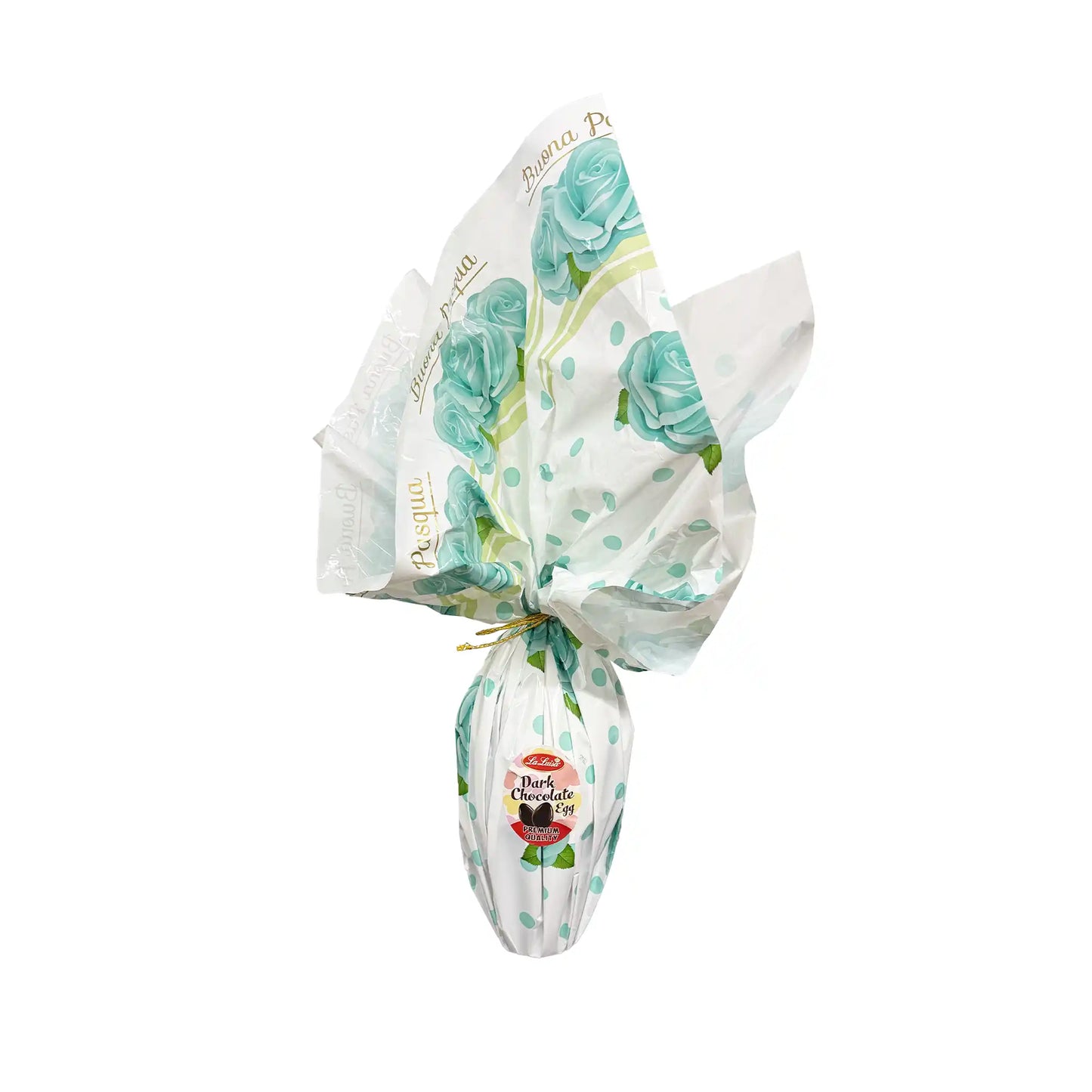 La Luisa dark chocolate Easter egg wrapped in white paper with turquoise roses and polka dots, 350g premium quality.