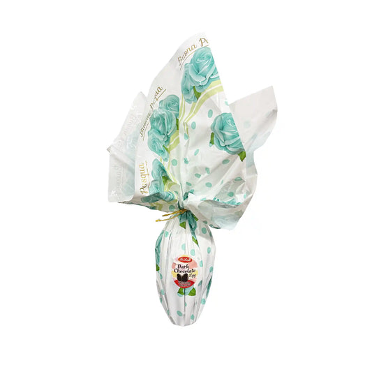 La Luisa dark chocolate Easter egg wrapped in white paper with turquoise roses and polka dots, 350g premium quality.