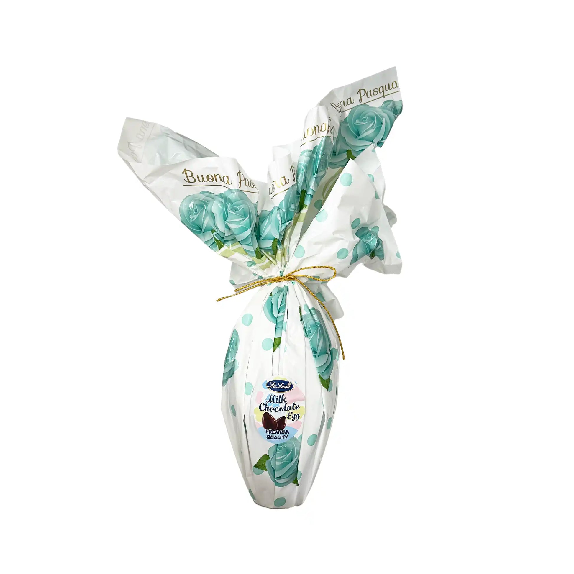 La Luisa milk chocolate Easter egg wrapped in floral teal foil with gold ribbon, 350g.