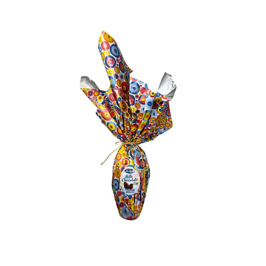 La Luisa milk chocolate Easter egg Giglio 150g wrapped in colorful floral paper with twine bow.