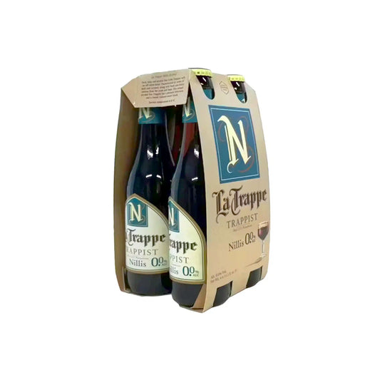 La Trappe Trappist Nillis non-alcoholic beer 4-pack of 11.2oz bottles in a cardboard carrier with blue and white labels.