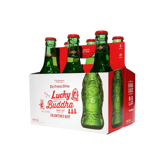 Lucky Buddha Enlightened Beer 6-pack of 11.2oz green Buddha-shaped bottles in a red and white carrier.