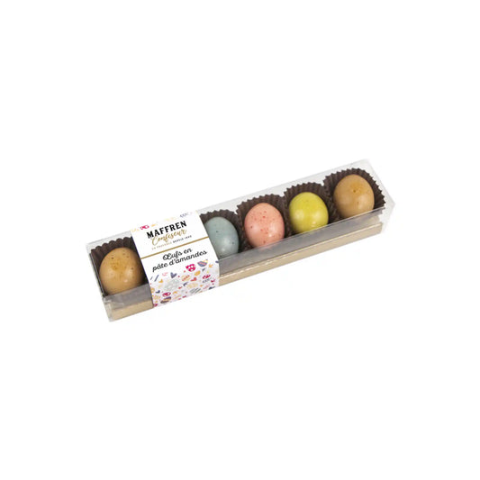 Maffren Confiseur assorted marzipan Easter eggs in pastel colors displayed in a clear gift box, 70g.